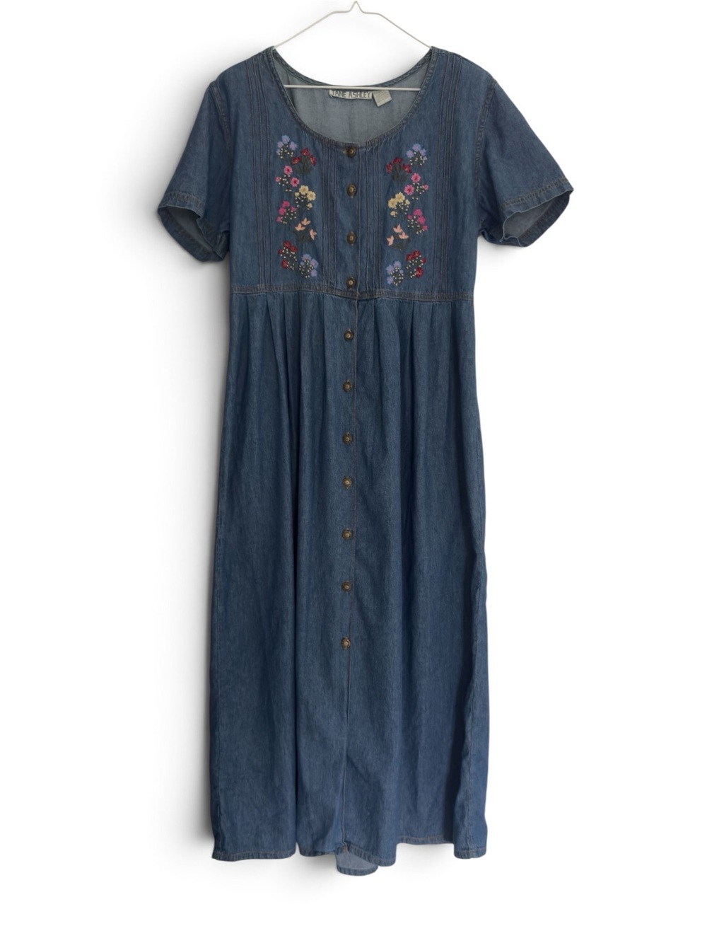 Jane Ashley VTG 90s Blue Denim Floral Embroidered Button Front Maxi Dress M